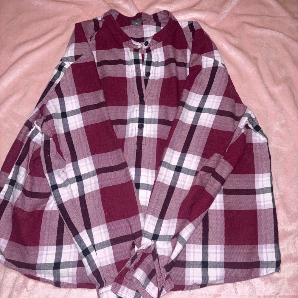 Eddie Bauer Burgundy and Pink Plaid Shirt